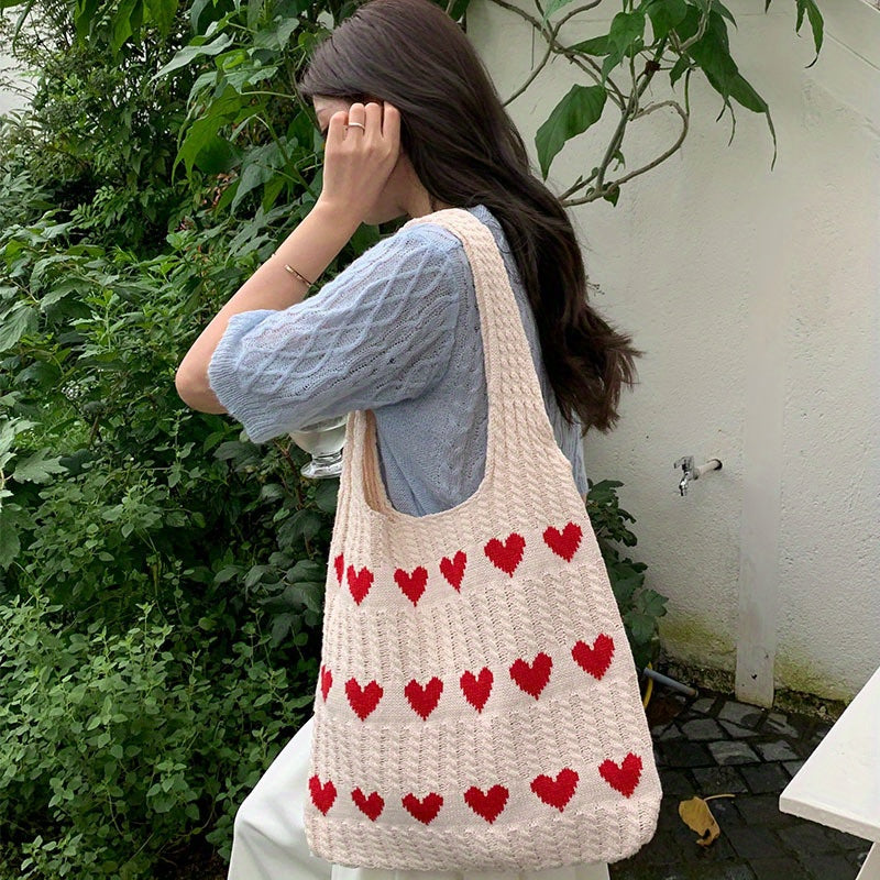 Nina | Handgefertigte Shopper-Tasche mit gestricktem Herzmuster