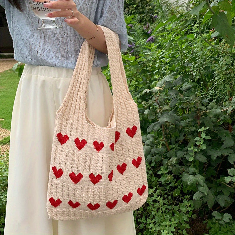 Nina | Handgefertigte Shopper-Tasche mit gestricktem Herzmuster